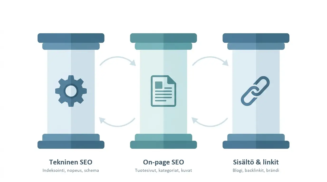 Verkkokaupan hakukoneoptimoinnin kolme osa-aluetta: tekninen SEO, on-page SEO ja sisältö sekä linkit