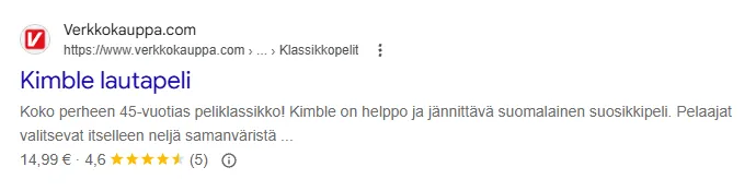 Google search result for the Kimble board game on Verkkokauppa.com: price 14.99 euros, 4.6-star rating and five reviews