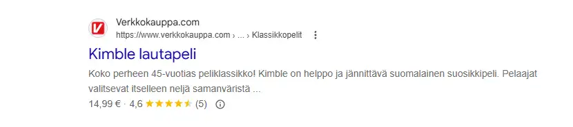 Googlen hakutulos, jossa rikastettu hakutulos näyttää tuotteen hinnan, tähtiarvostelun ja arvostelumäärän
