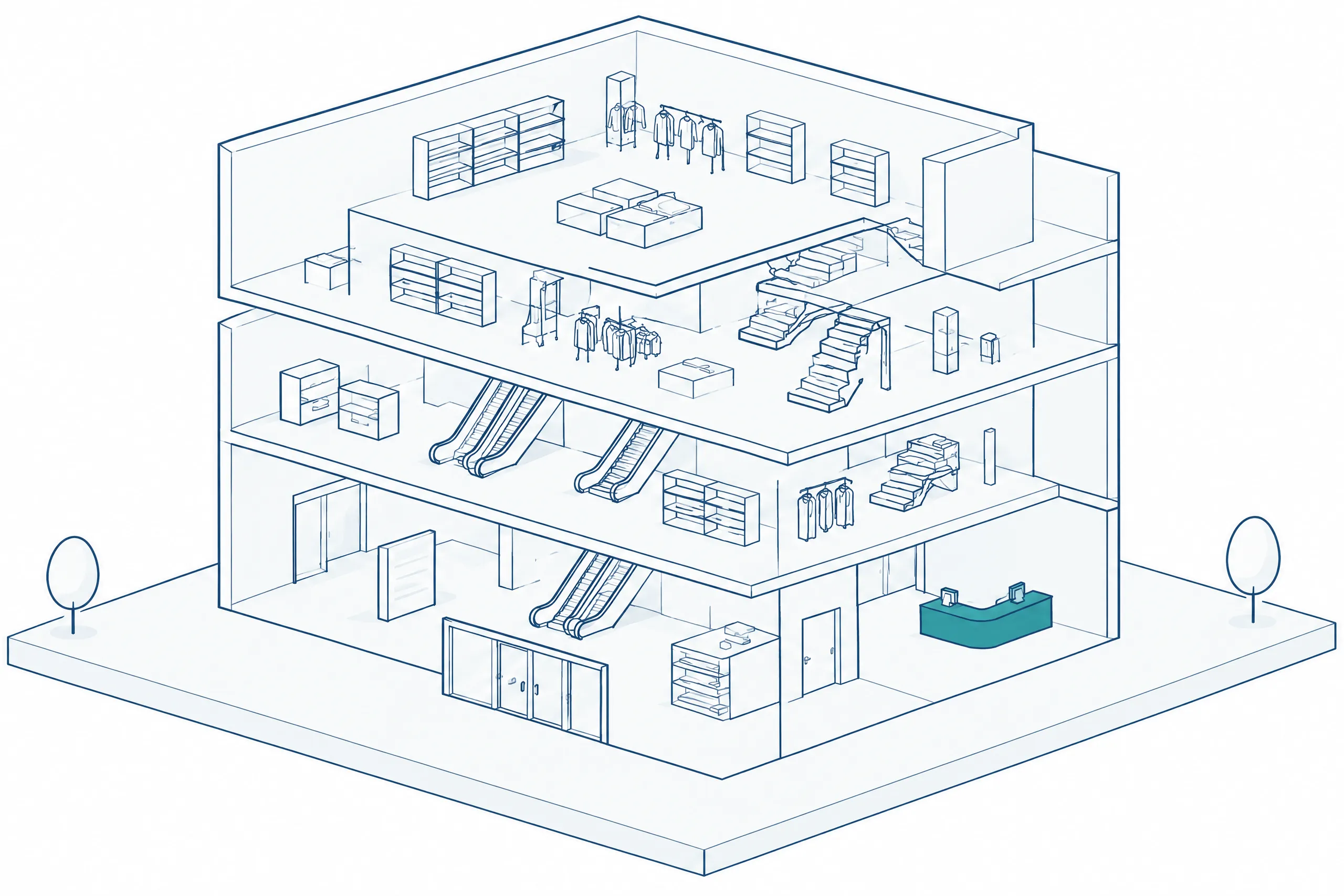 Scale model of a three-story department store in cutaway: entrance, an information board in the lobby, departments on each floor with shelves, escalators and the checkout