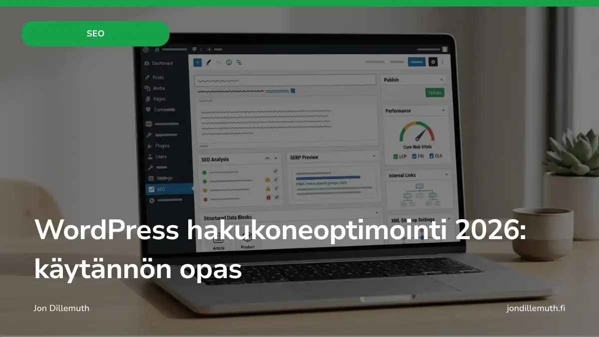WordPressin hakukoneoptimointia kuvaava näkymä, jossa artikkelia optimoidaan SEO-analyysin, SERP-esikatselun ja Core Web Vitals -mittareiden avulla