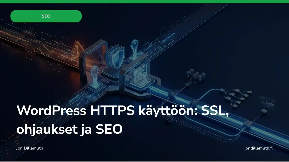 Abstrakti tekninen reitityskuva, jossa HTTP-yhteys muuttuu suojatuksi HTTPS-yhteydeksi WordPress-sivustolla