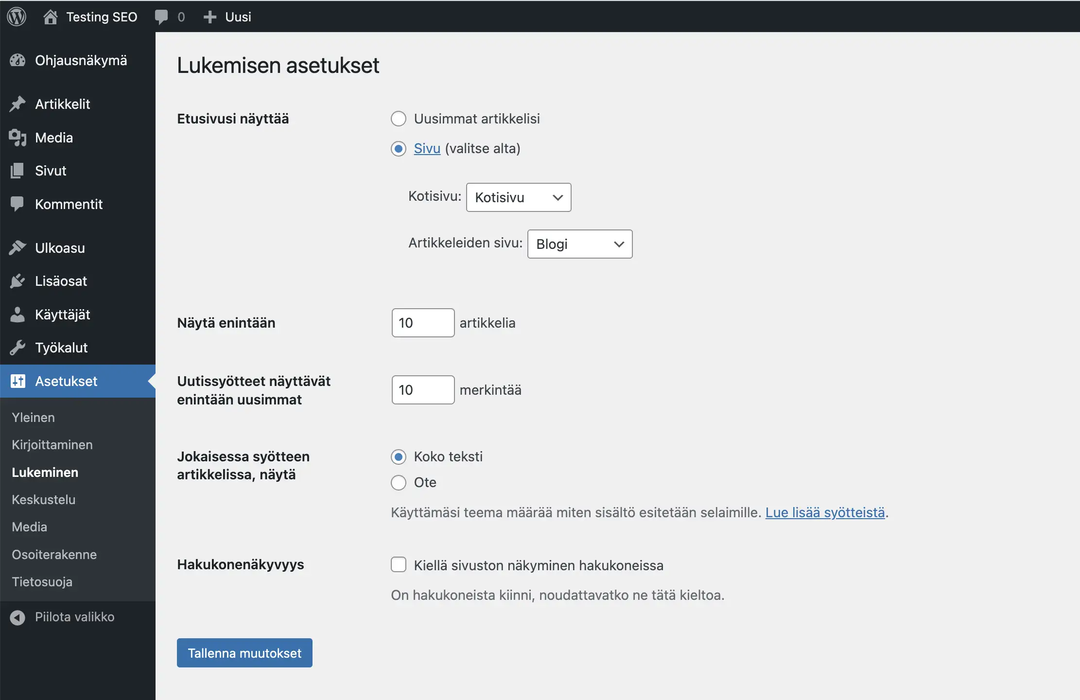 WordPressin Lukemisen asetukset, joissa etusivuksi on valittu Kotisivu ja artikkeleiden sivuksi Blogi