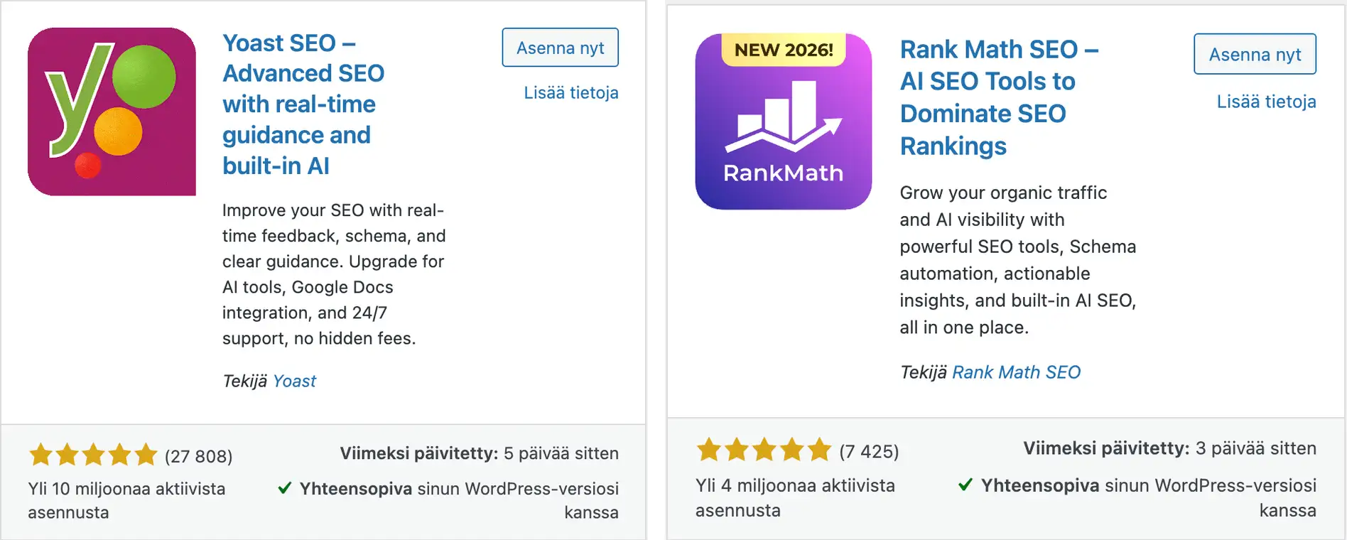 WordPressin lisäosahaun Yoast SEO- ja Rank Math SEO -lisäosat rinnakkain vertailtuna