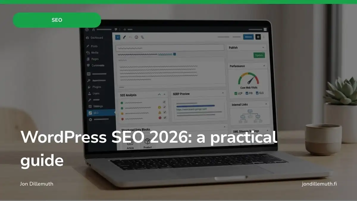 WordPress SEO optimization view with an article editor, SEO analysis, SERP preview and Core Web Vitals metrics